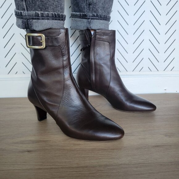 🤩Womens Leather Boots Cole Haan Size 7C Low Kitten Heel Booties Brown Gold New - Picture 1 of 9